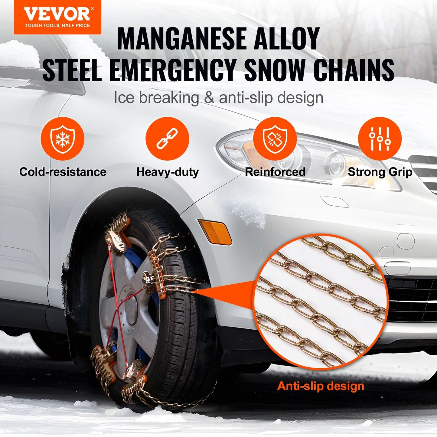 8 PCS Snow Chains, Tire Traction Wheel Chains for Tire Width 9.2-11.2 in/235-285 mm, Manganese Alloy Steel Emergency Tire Chains for Cars, Pickups, SUVs, and Trucks