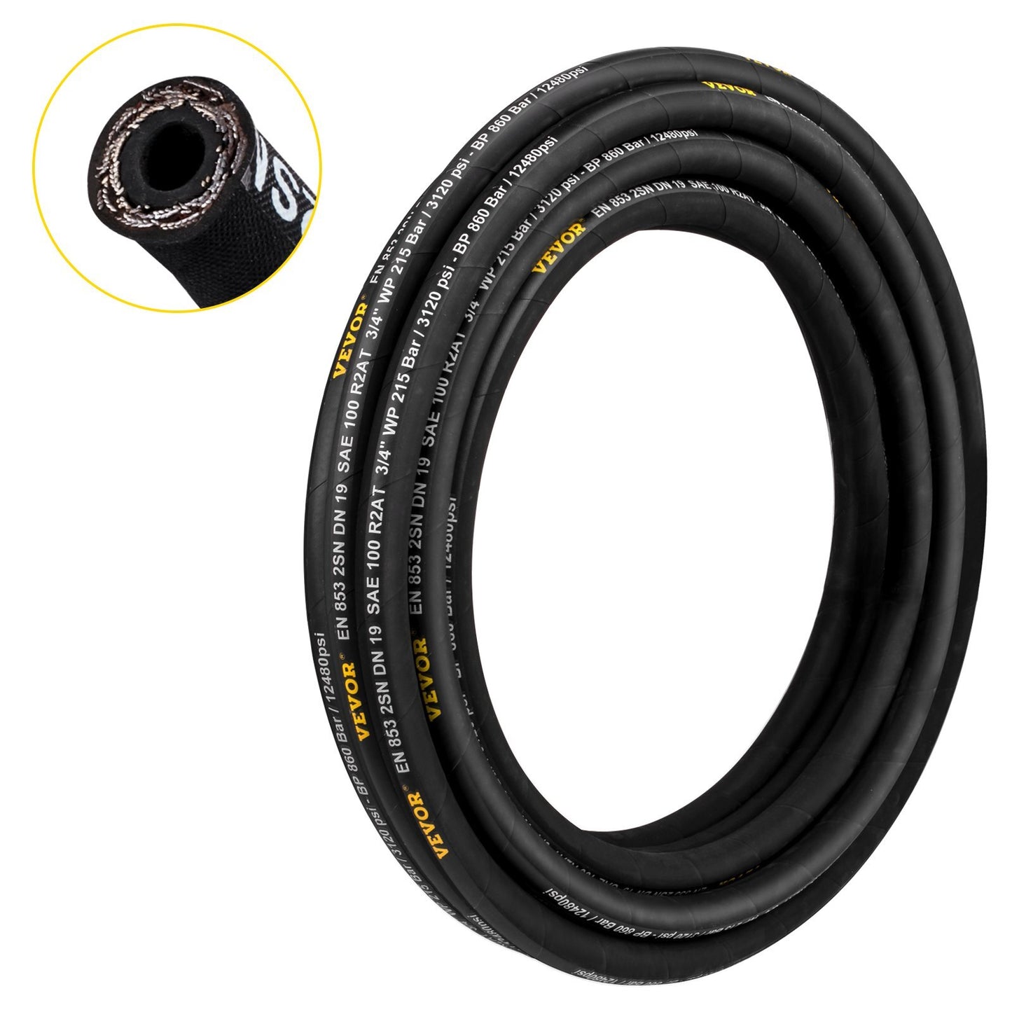 Hydraulic Hose 3/4 inch x 50 ft, Coiled Hydraulic Hose 3120 PSI, Rubber Hydraulic Hose with 2 High-Tensile Steel Wire Braid, Bulk Hydraulic Hose -20 to 140, Hydraulic Oil Flexible Hose - American Smart