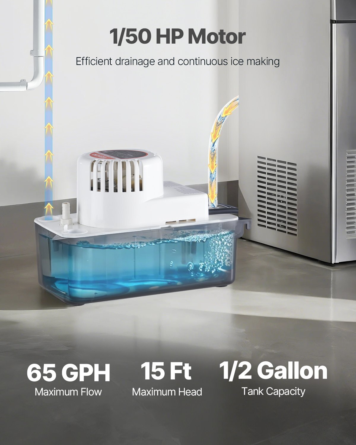 Condensate Removal Pump, 1/50 HP, 65 GPH, 15 ft Lift, 1/2 Gal Tank Automatic AC Condensation Pump with Float Switch & 20 ft Hose for Air Conditioner, Dehumidifier, Furnace, Ice Maker Water Drain - American Smart