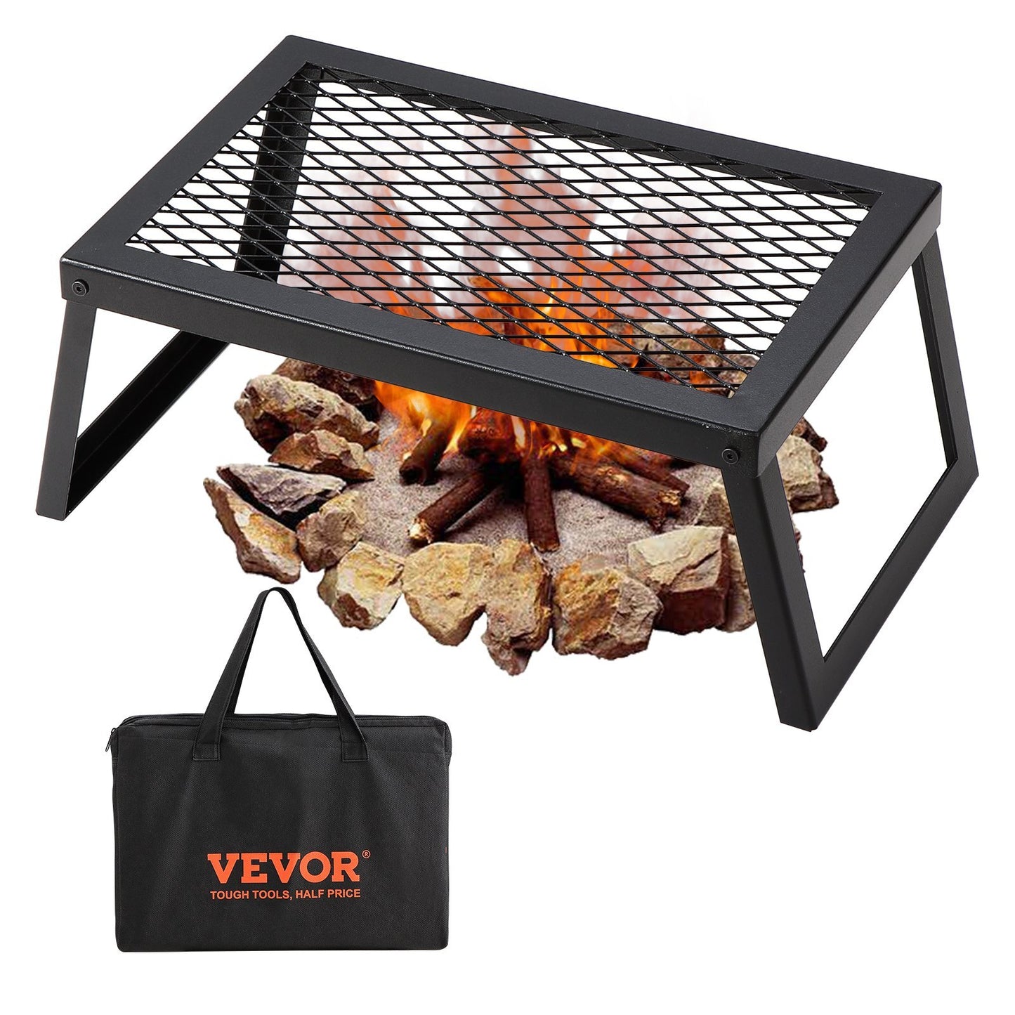 Folding Campfire Grill, Heavy Duty Steel Mesh Grate, 18" Portable Camping Grates Over Fire Pit, Camp Fire Cooking Equipment with Legs Carrying Bag, Grilling Rack for Outdoor Open Flame Cooking