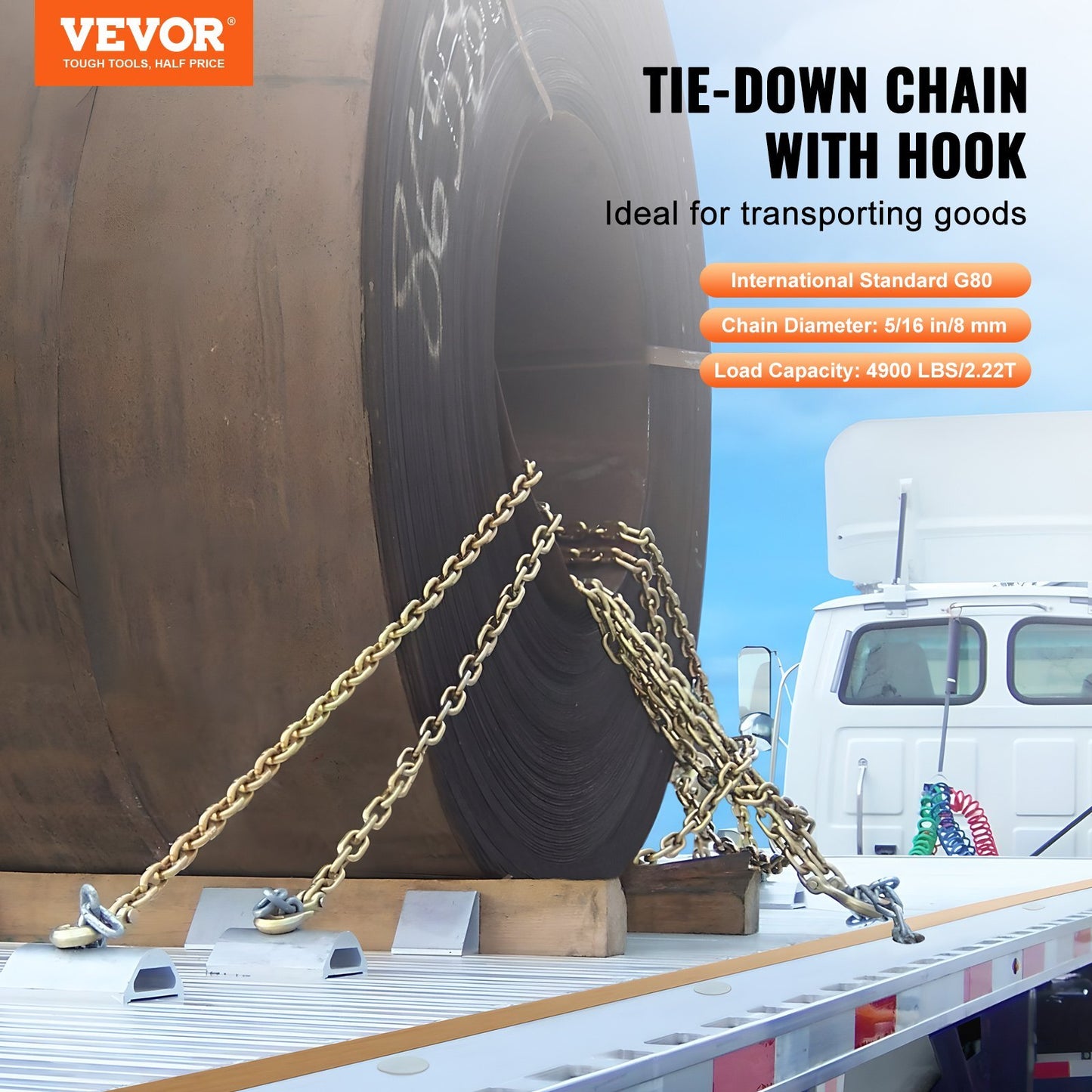 G80 Transport Binder Chain, 5/16" x 10.3' Tow Chain with Clevis Grab Hooks, 4900 lbs Safe Working Load, Heavy Duty Trailer Logging Chain for Transporting Towing Truck Tie Down Binding Equipment