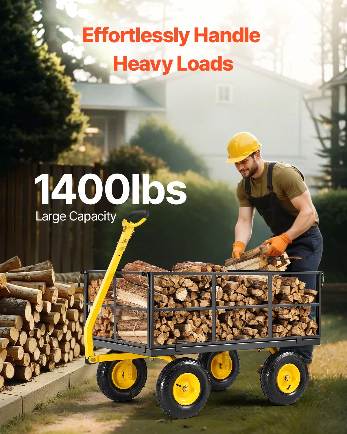 1400 Lbs Steel Garden Cart, Heavy Duty Pullable Garden Wagon Yard Cart, 2 in 1 Outdoor Metal Utility Wagon Yard Trailer with 13" All Terrain Tires, Mesh Removable Sides and 180?Rotating Handle