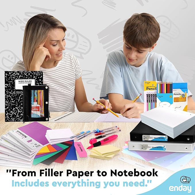American Smart Enday back to school supplies kit with 79 pieces for high school and college students, including pens, notebooks, and more.