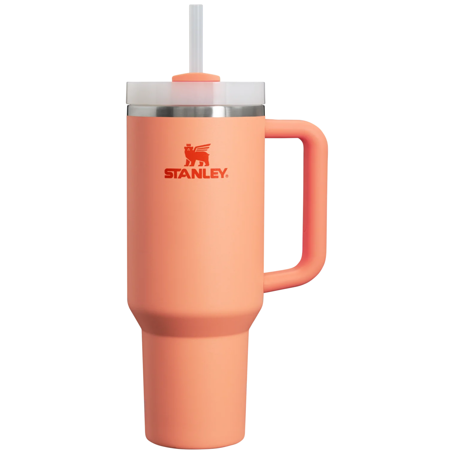 STANLEY Quencher H2.0 FlowState 40oz stainless steel tumbler in vibrant nectarine color, showcasing the front view.