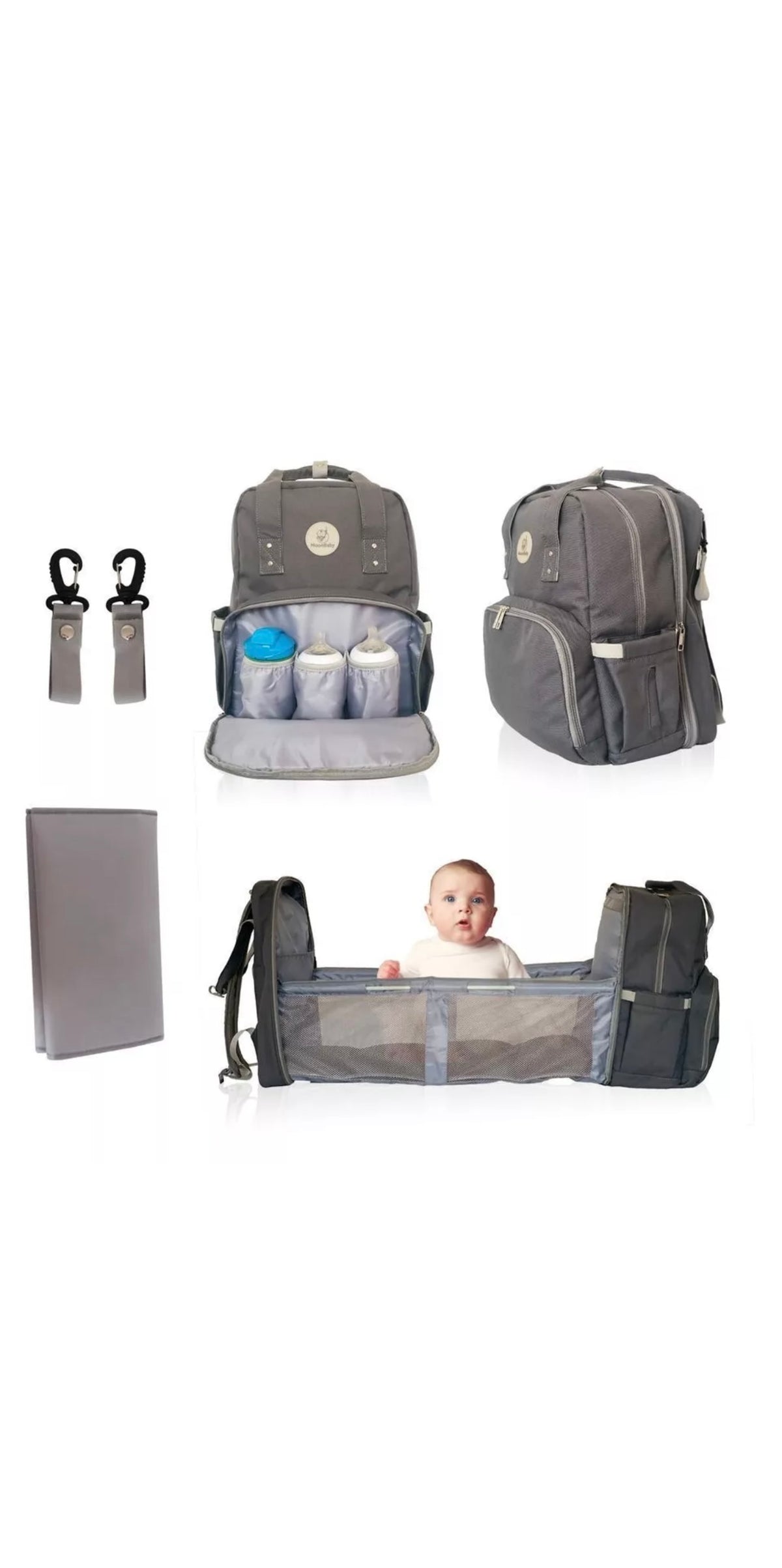American Smart MoonBaby backpack diaper bag with foldable changing station, portable crib, and bassinet for babies and toddlers.