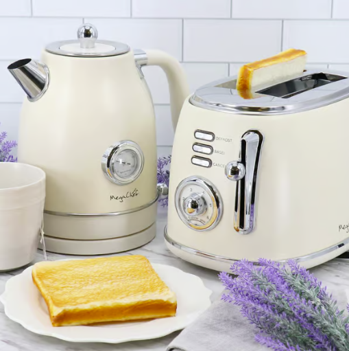 American Smart MegaChef 1.8 Quart electric tea kettle and 2-slice toaster combo in creme, featuring sleek appliance design.
