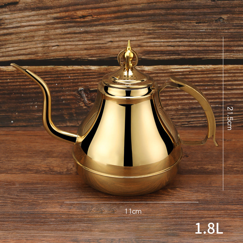 Stainless steel Latin tea pot with tea strainer, 1.2/1.8L capacity, suitable for induction cookers and tea brewing.