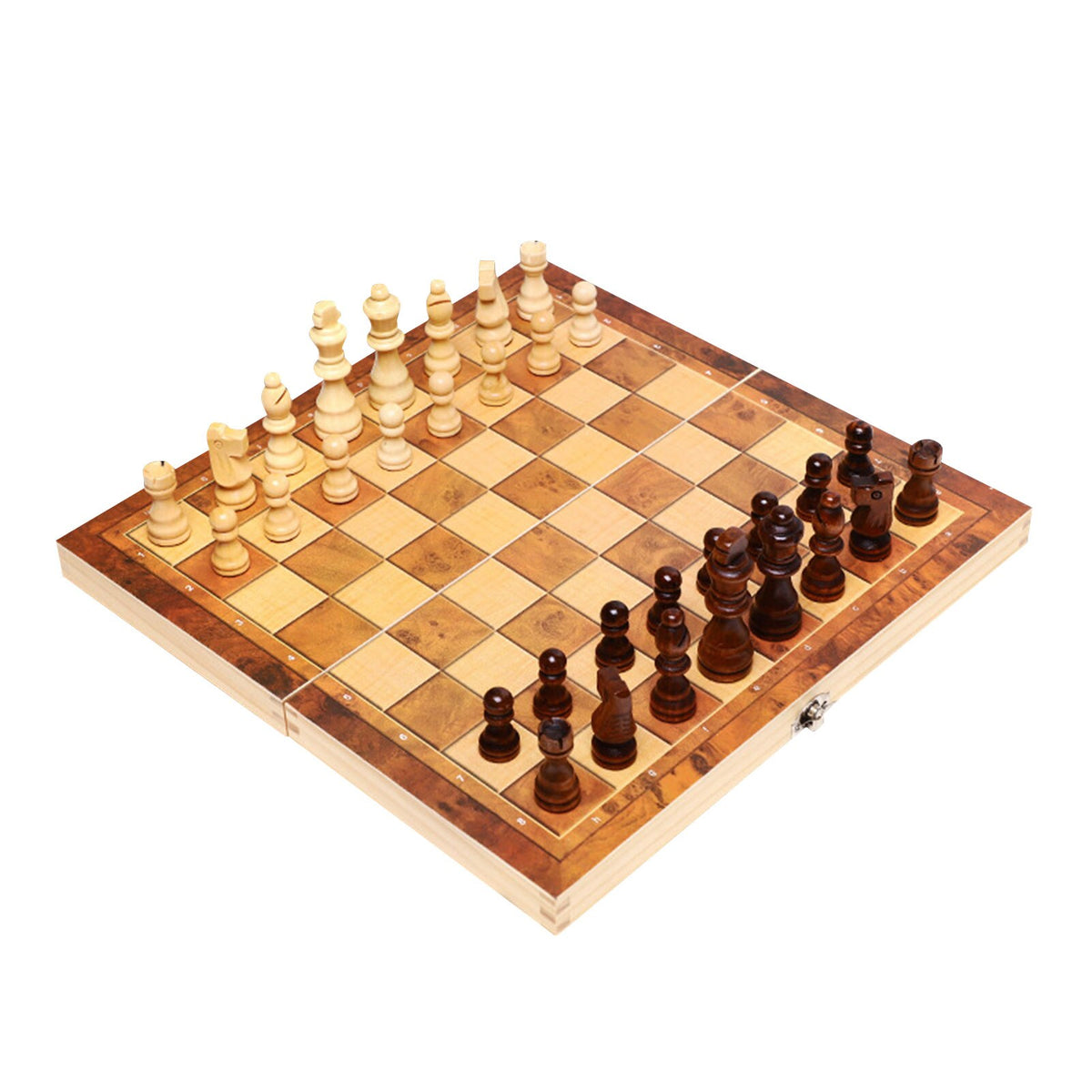 Portable American Smart 3-in-1 wooden chess, checkers, and backgammon set with foldable board, chess pieces, and carrying case.