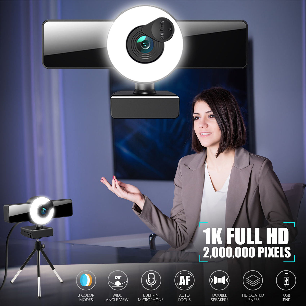 American Smart 4K beauty autofocus webcam with 1080p HD video, high-quality audio, fill light, ideal for live streaming and video calls