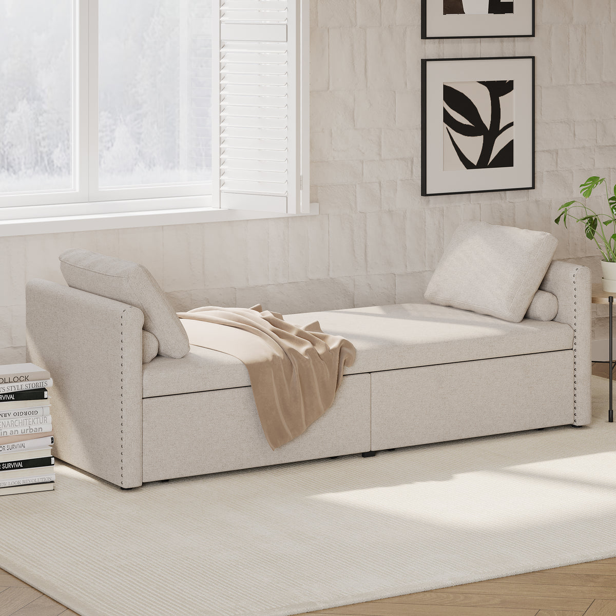 Beige modern cushioned lounge chair sofa bed with two drawers, linen upholstery, compact design, no mattress, by American Smart - EP