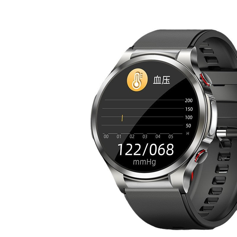 American Smart EP smartwatch displaying blood glucose, ECG, blood pressure, heart rate, and body temperature tracking on a digital screen.