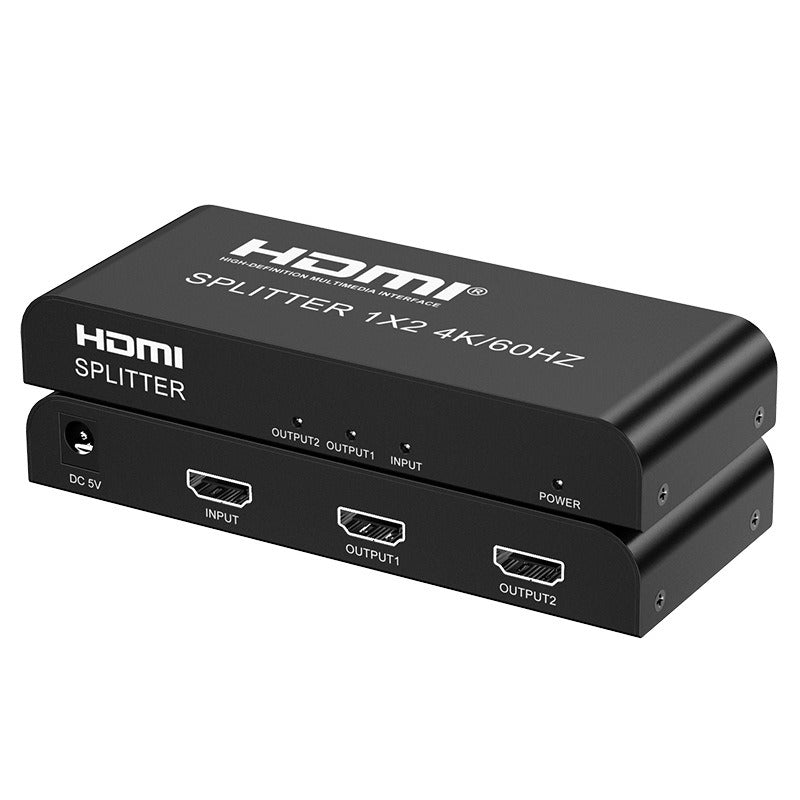 HDMI distributor 1x2 from American Smart EP showing a 4K60Hz HDMI video splitter with one input and two outputs.