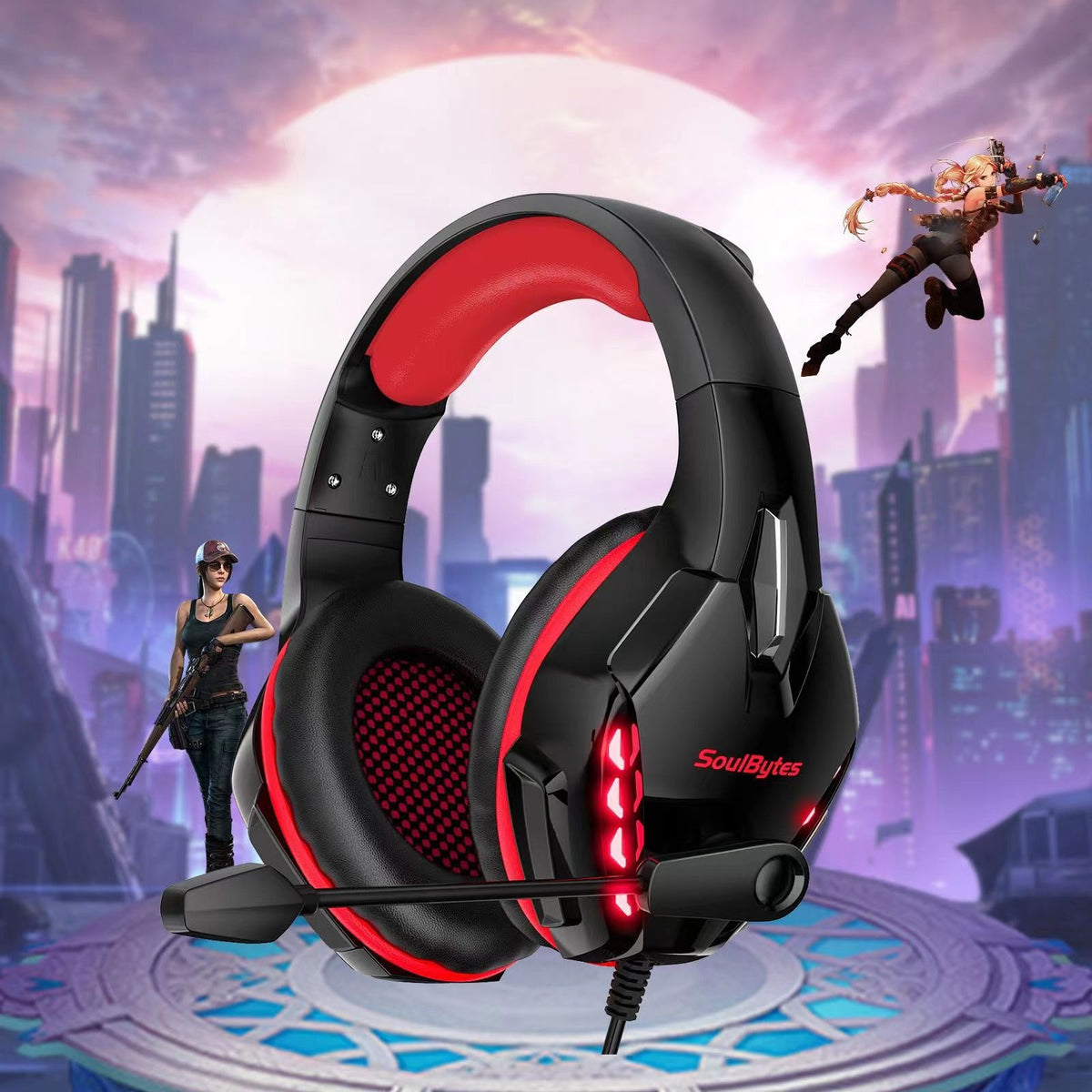Wired gaming chicken earphones with luminous accents, mounted on a headband, designed for esports and computer gaming by American Smart EP.