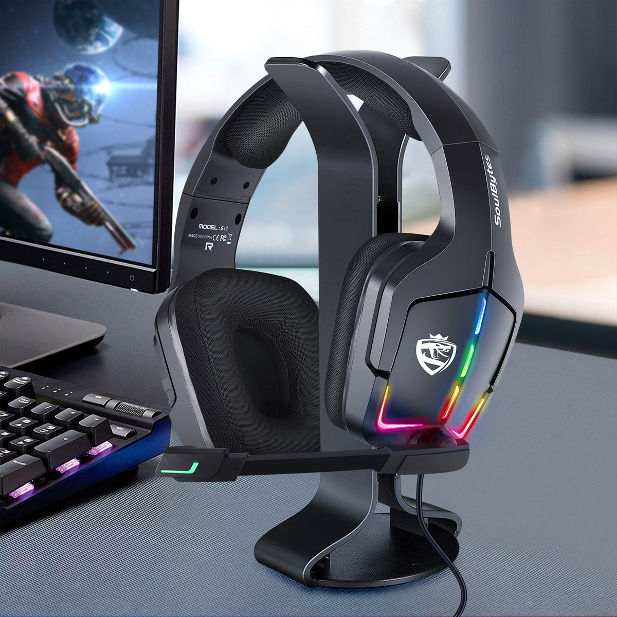 American Smart EP S12 wired gaming headset with RGB lighting, over-ear design, suitable for PS4 and computer gaming.