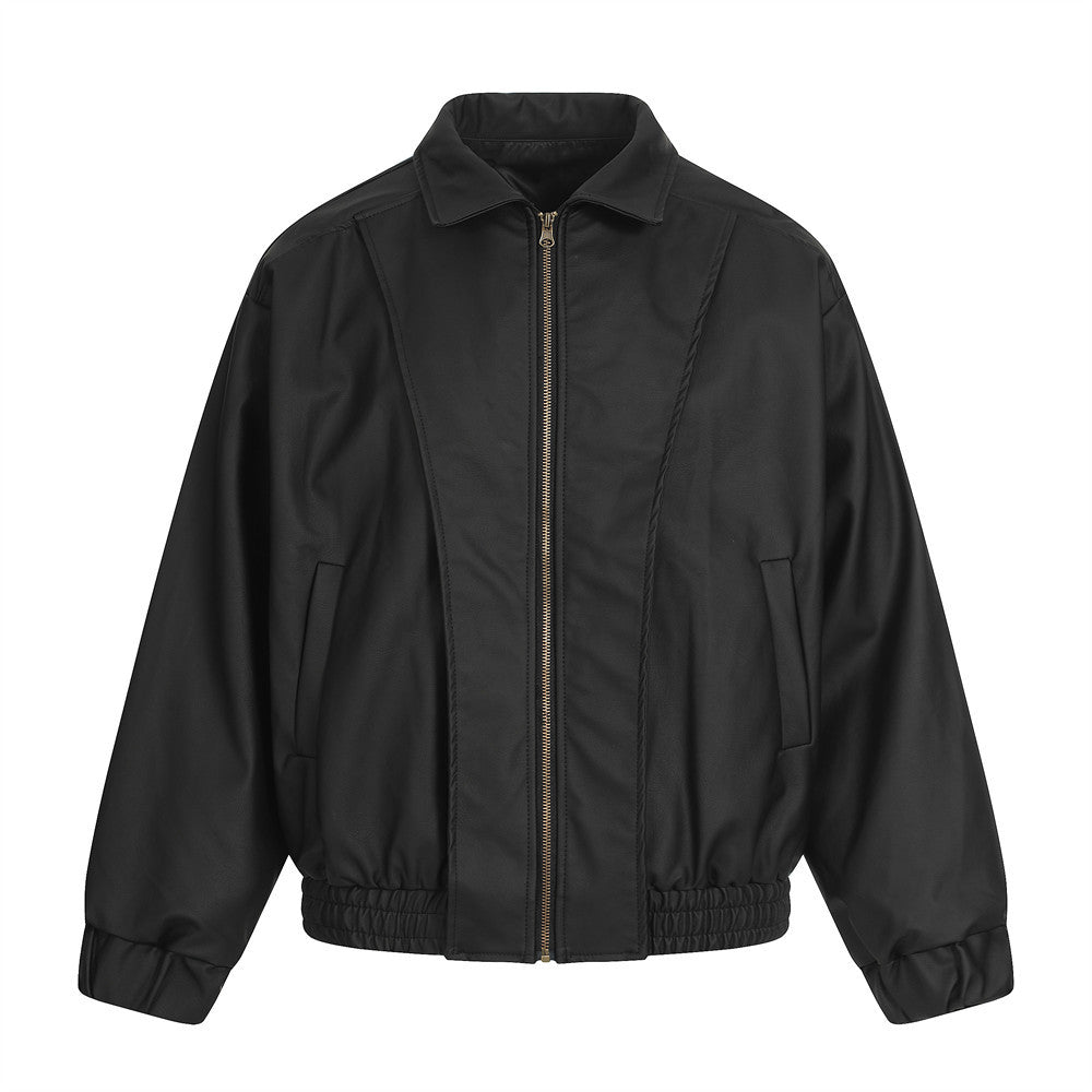Black American Smart EP leather jacket with classic collar and zippered front, displayed on a hanger.