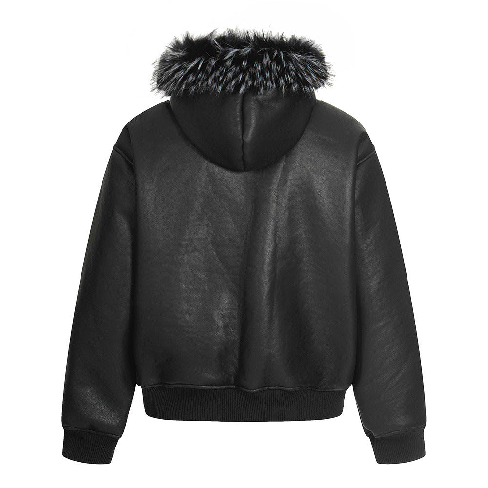 Men's cotton street style coat with hood, fur collar, letter embroidery, casual loose fit from American Smart EP.