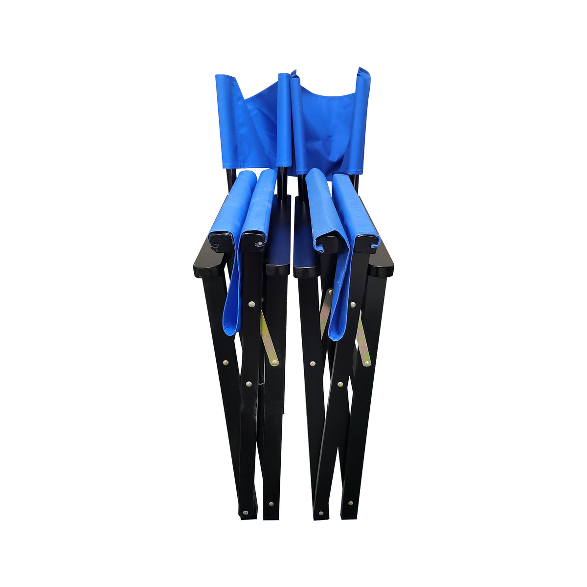 Pair of blue wooden director folding chairs with canvas seats, American Smart - EP brand, suitable for indoor and outdoor use.
