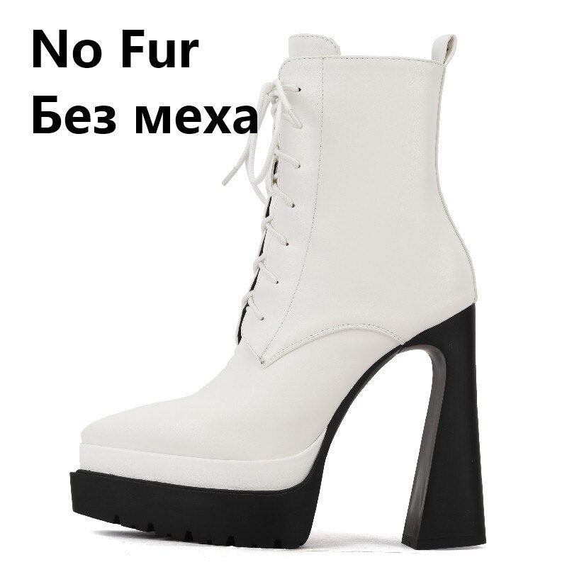 Autumn Winter Women Ankle Boots Elegant Office Ladies Party High Heels Pointed Toe Platforms Genuine Leather Shoes - American Smart
