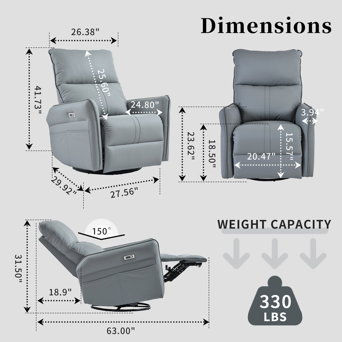 Blue gray adult electric swivel rocking chair by American Smart, featuring 270° rotation and comfortable lounge design.