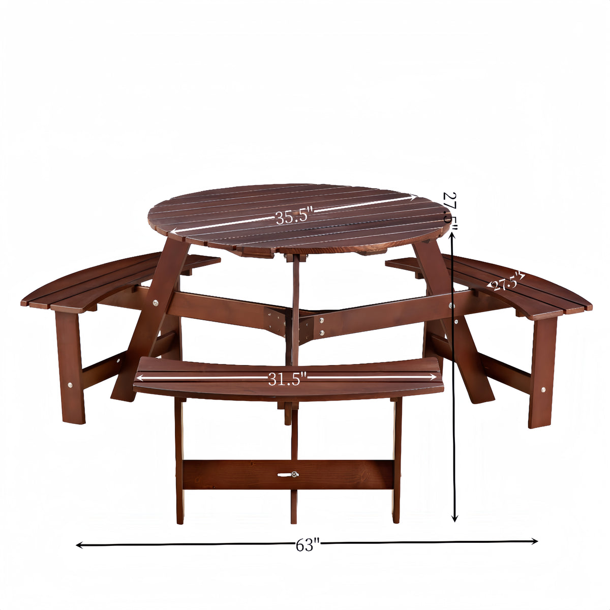 Brown 6-person circular picnic table with built-in benches, umbrella holes, outdoor table and chair set by American Smart EP.