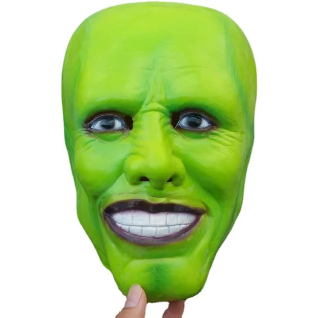 American Smart Jim Carrey The Mask cosplay costume featuring a yellow trench coat, clown mask, and hat for Halloween and parties.