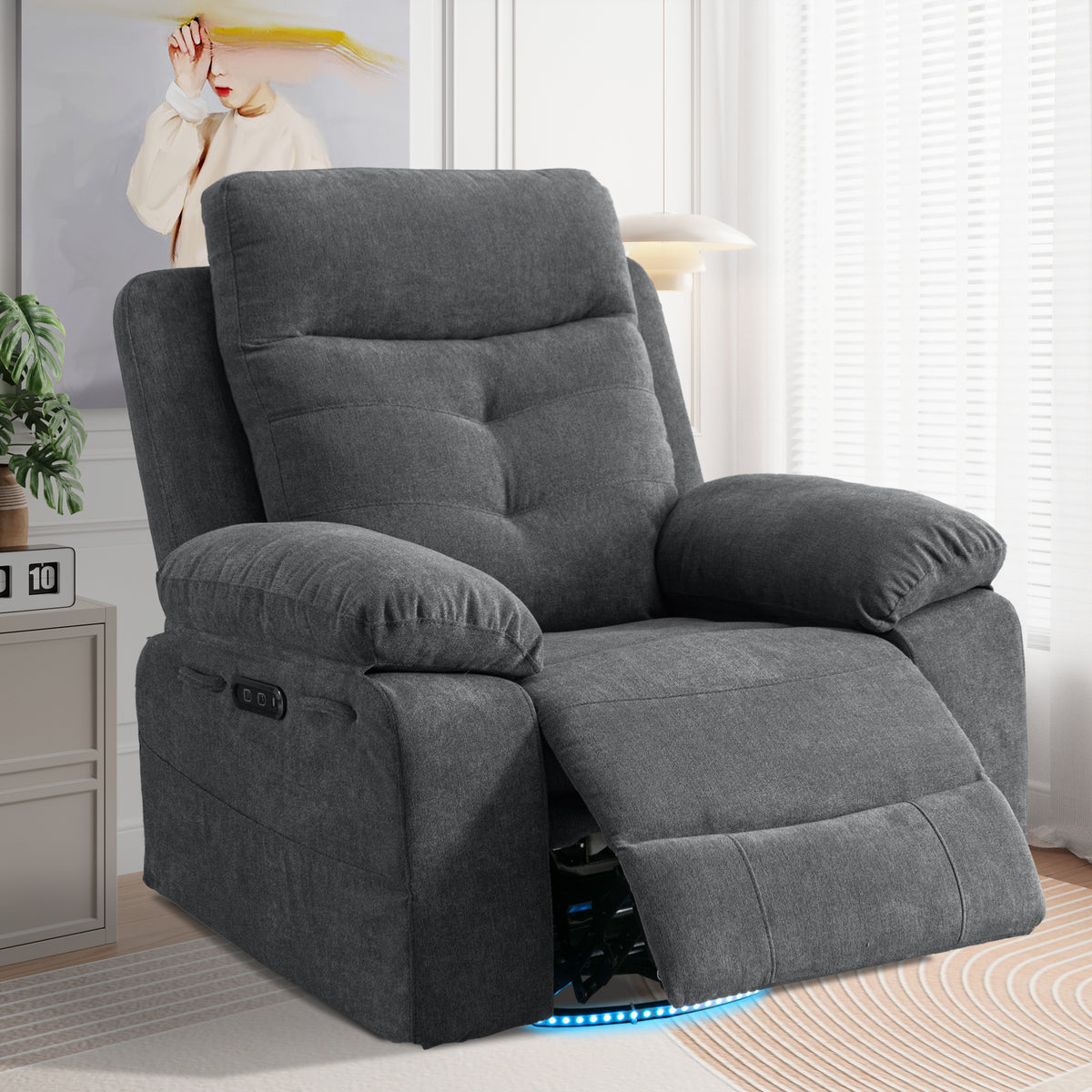 American Smart electric lounge chair with 270-degree rotation, Bluetooth speaker, LED lights, and adjustable backrest.