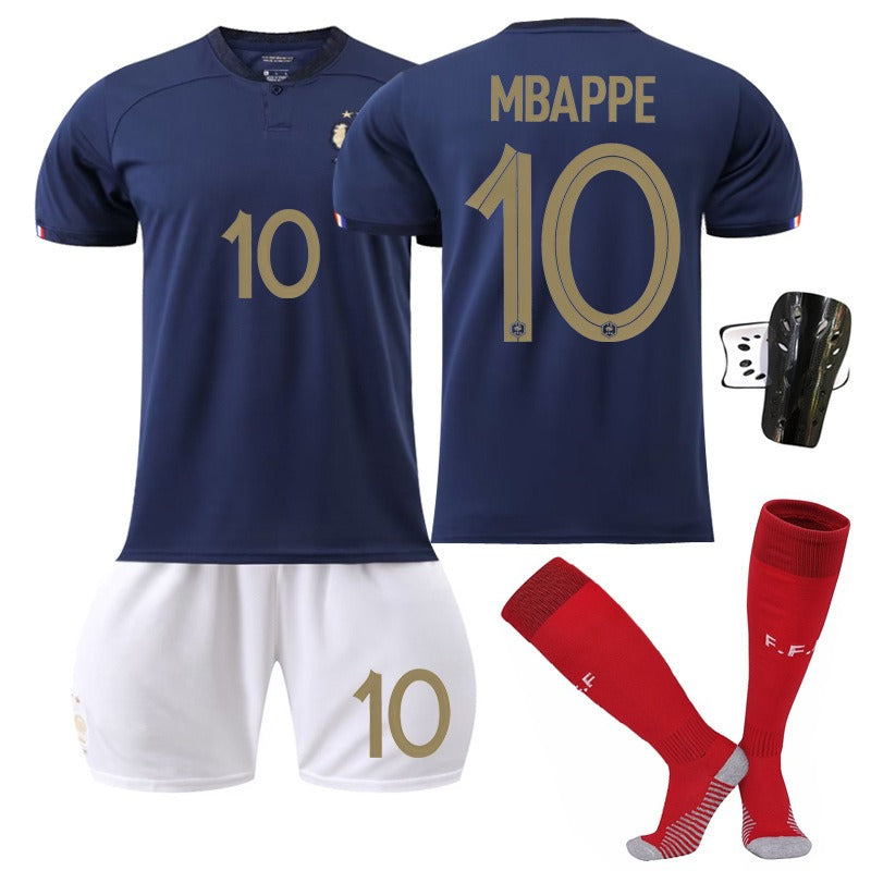 French soccer jersey set featuring No. 10 Mbappe, No. 19 Benzema, No. 11 Dembele, and No. 9 Giroud by American Smart.