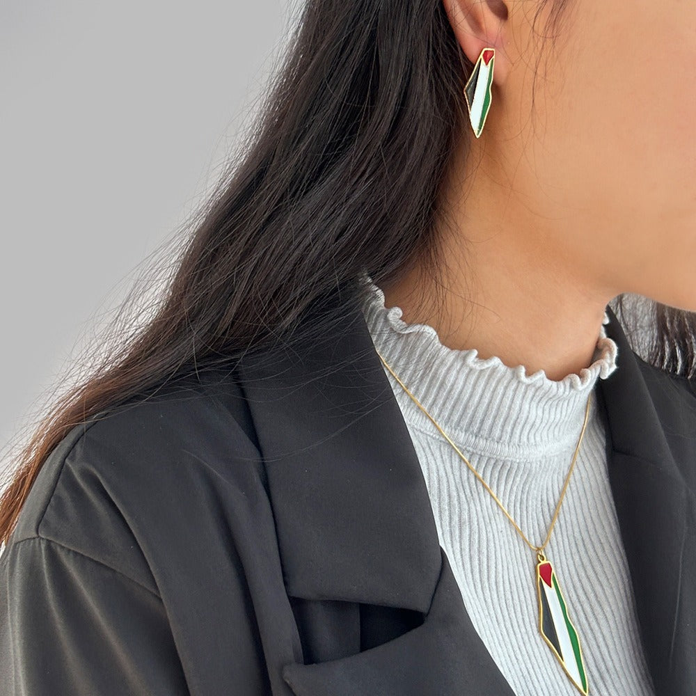 Oil-Drip Palestine Map titanium steel pendant necklace and matching earrings set by American Smart EP, featuring 18K gold-plated accents.
