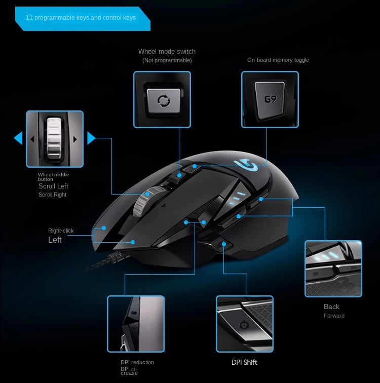 Logitech G502 Hero Dominator cable gaming mouse with RGB backlight, designed for esports and PUBG gameplay.