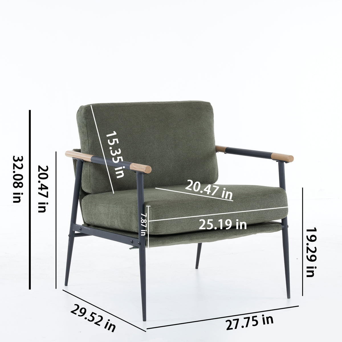 Green soft cushioned reading chair with plush fabric and metal frame, modern American Smart EP armchair.