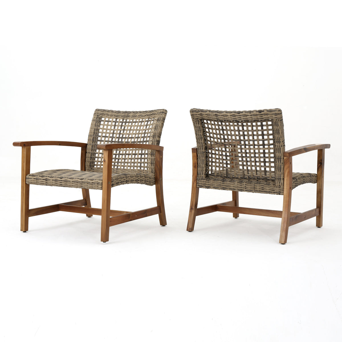 Set of two Hampton Wood and Wicker Club Chairs by American Smart, featuring classic wood frames and woven wicker seating.