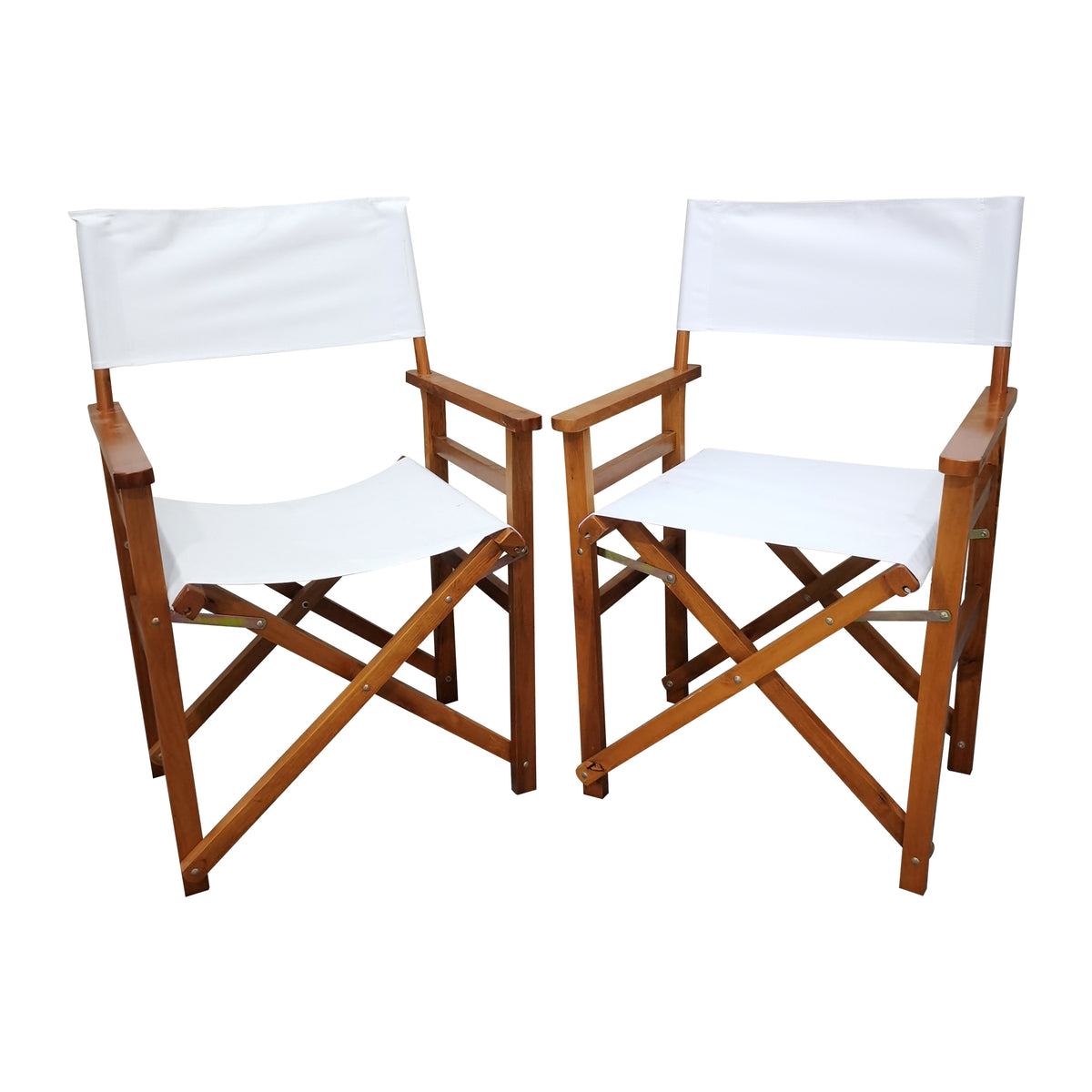 Set of two white wooden director folding chairs with canvas seats, American Smart EP brand, perfect for outdoor or indoor seating.