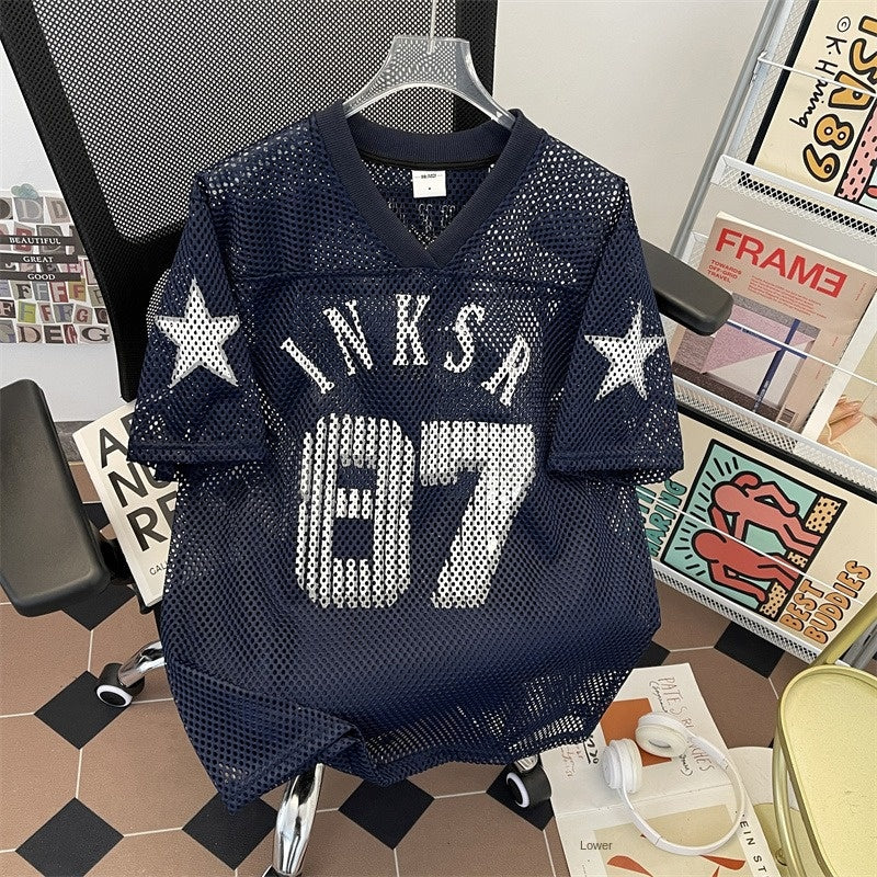 Navy blue digital mesh jersey T-shirt with retro printed ball design from American Smart - EP, short-sleeved sports tee.