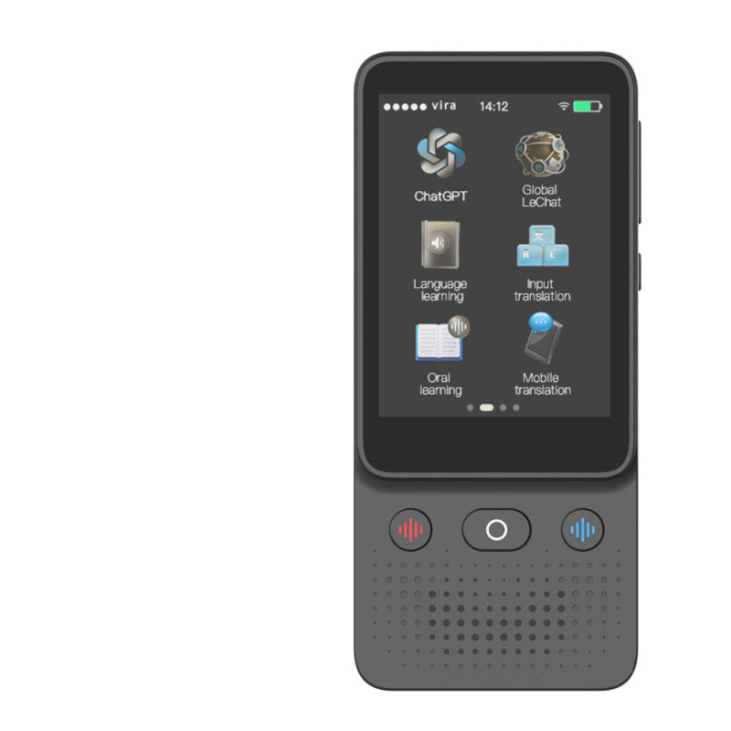American Smart EP Translator T2 offline device for overseas meetings, featuring a screen, microphone, and buttons for translation.