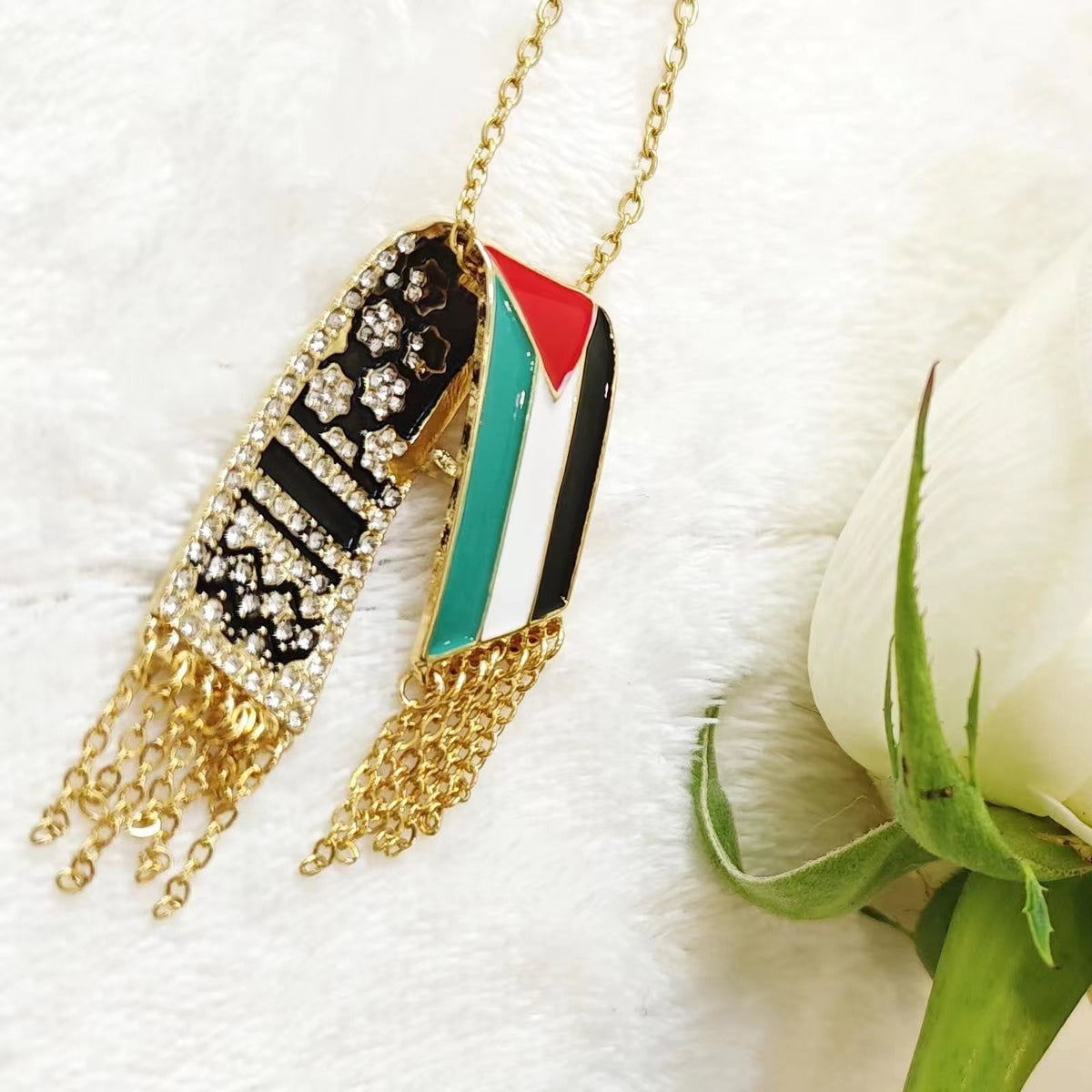Stainless steel adhesive Middle East Palestinian headscarf scarf flag Gaza with diamond tassel necklace
