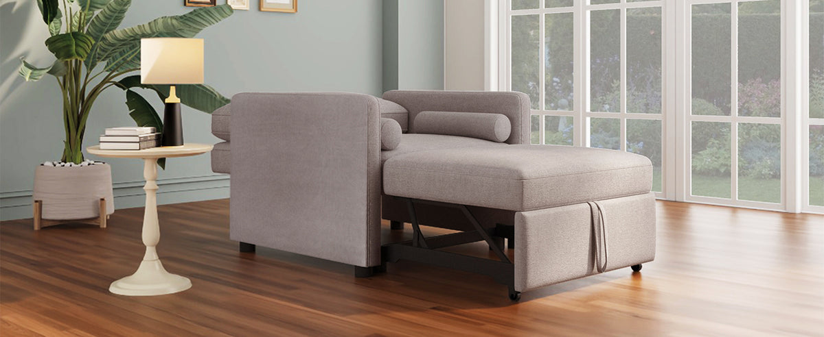 American Smart 3-in-1 convertible linen sleeper chair with adjustable backrest in tan, transforming into a lounger or bed.