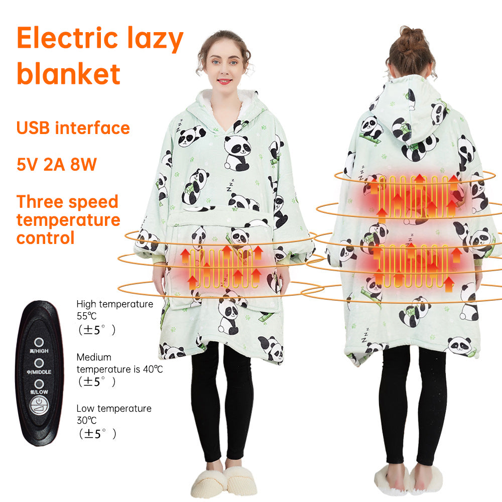 American Smart EP USB carbon fiber heated lazy blanket worn as a thick, washable hoodie for winter warmth and electric heating comfort.