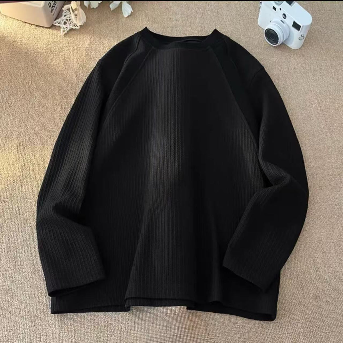 Textured White Long Sleeve T-Shirt for Men, Autumn Casual Youth Oversize Innerwear Crew Neck Top