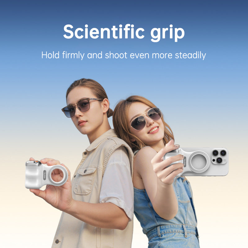 American Smart EP MagSafe compatible photography grip with wireless Bluetooth stabilizer for shake-free smartphone shooting.