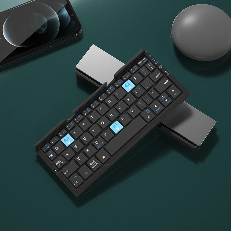 Wireless American Smart EP mini folding Bluetooth keyboard for laptops, tablets, and phones, with foldable design and compact layout.