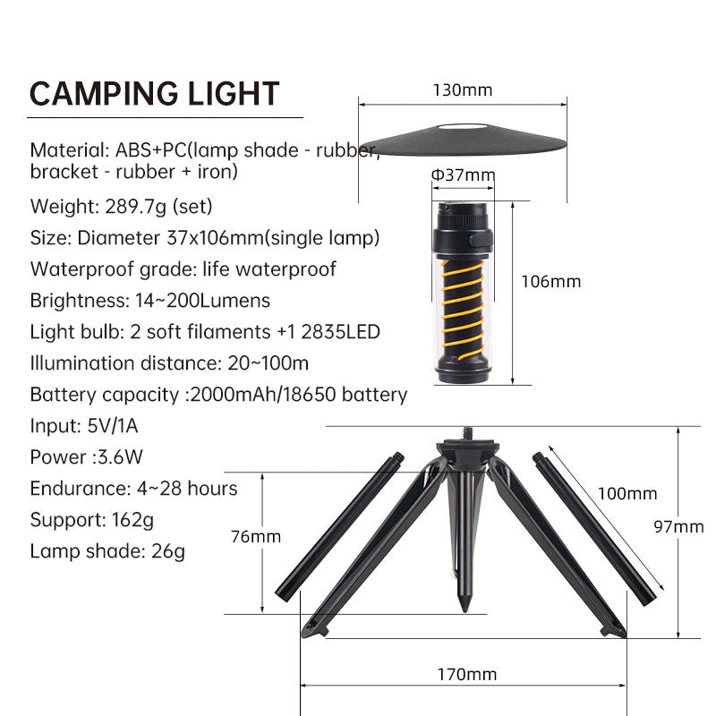 Portable outdoor camping light by American Smart EP, featuring a flashlight, tripod stand, and atmospheric illumination for tents.