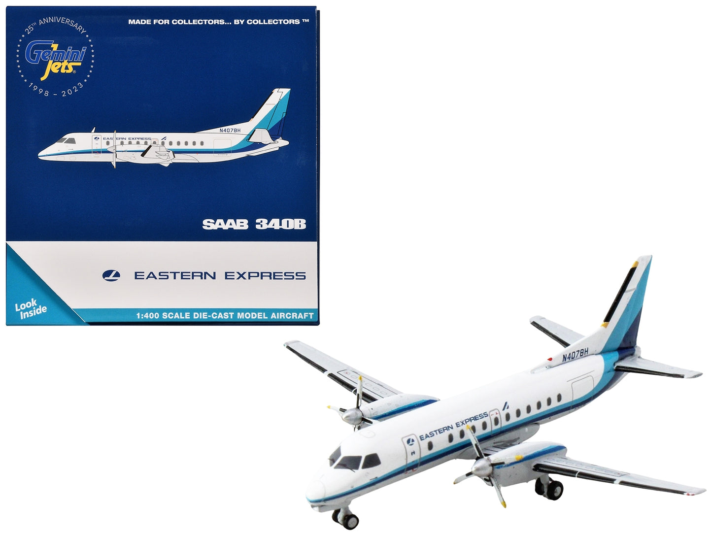 Diecast model of Saab 340B aircraft by GeminiJets, white with blue stripes, detailed replica of Eastern Express N407BH airplane.