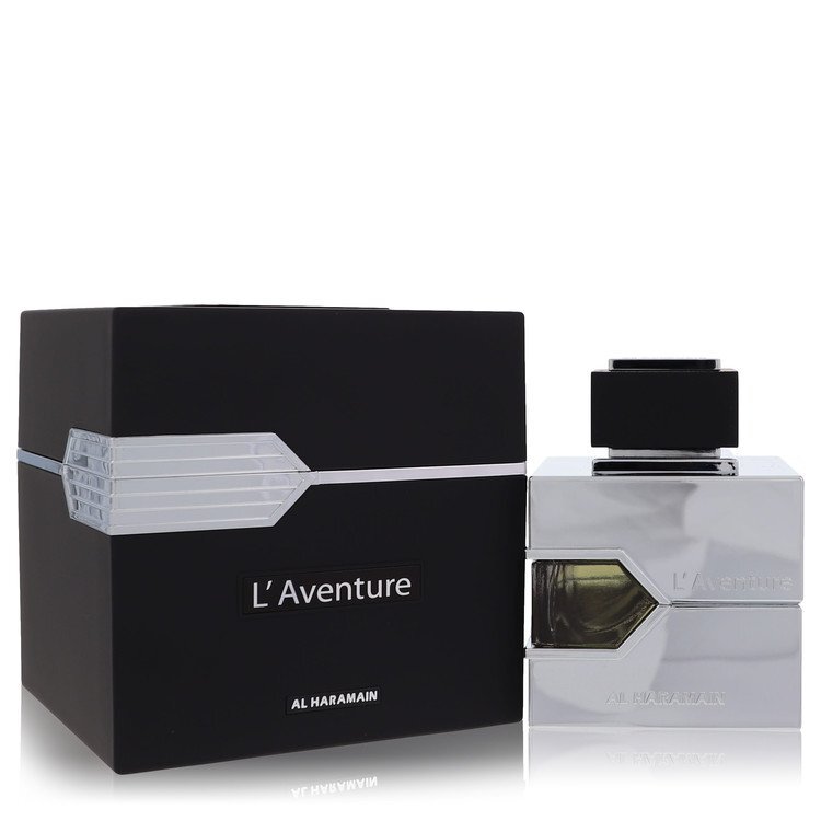 Al Haramain L'aventure Eau De Parfum spray for men, 3.3 oz bottle, with elegant packaging and a sleek design.