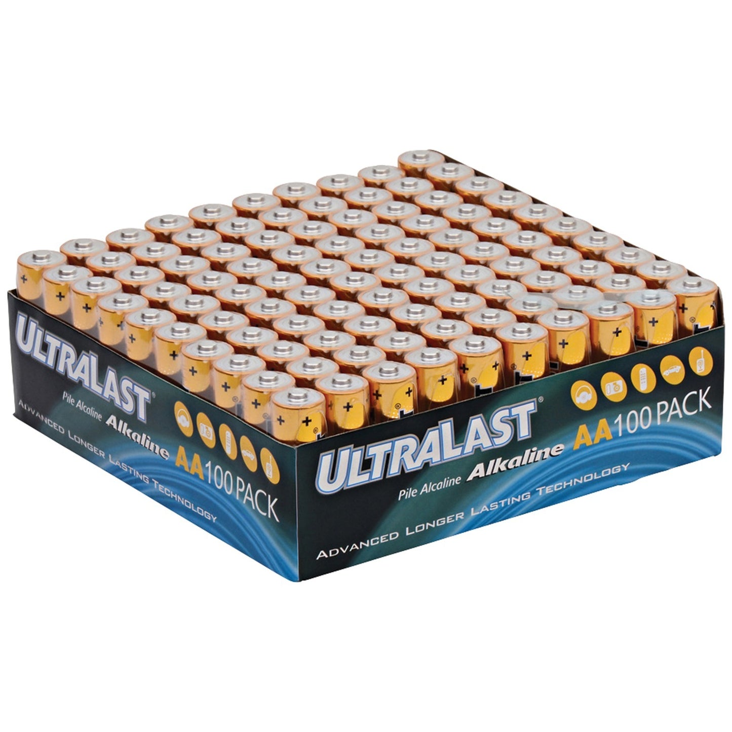 Set of 100 American Smart Ultralast ULA100AAB alkaline AA batteries, showing the packaging with batteries inside