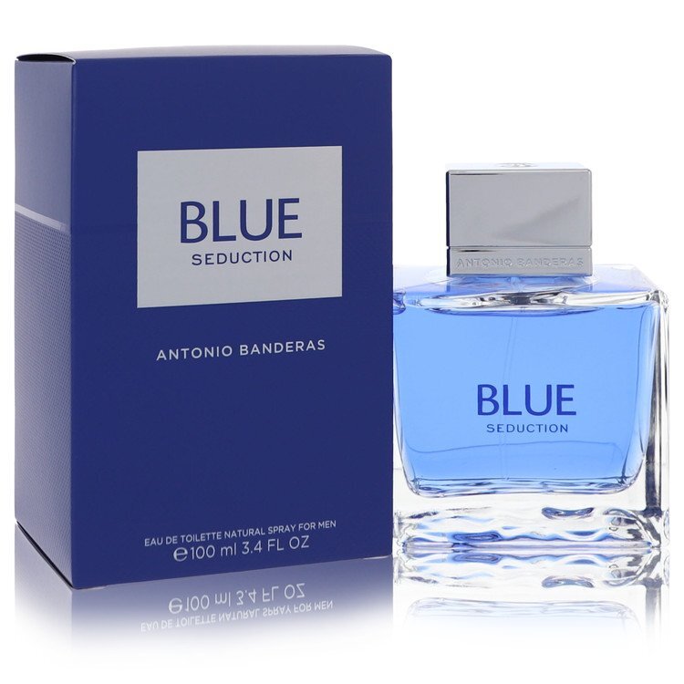 Blue Seduction by Antonio Banderas men's 3.4 oz Eau De Toilette spray, featuring a sleek blue bottle and masculine design.