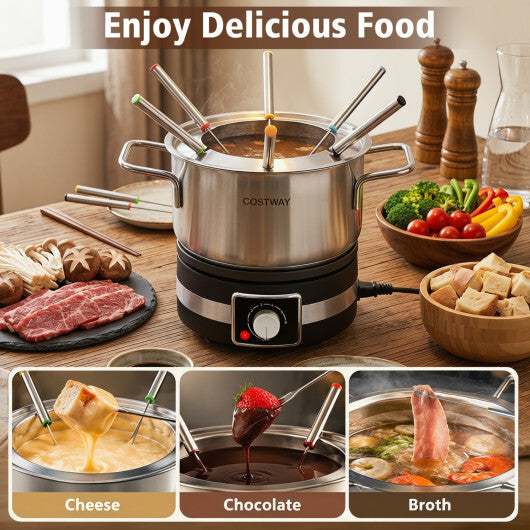 American Smart 1200W electric fondue pot set with removable stainless steel pot and six forks for melting cheese or chocolate.