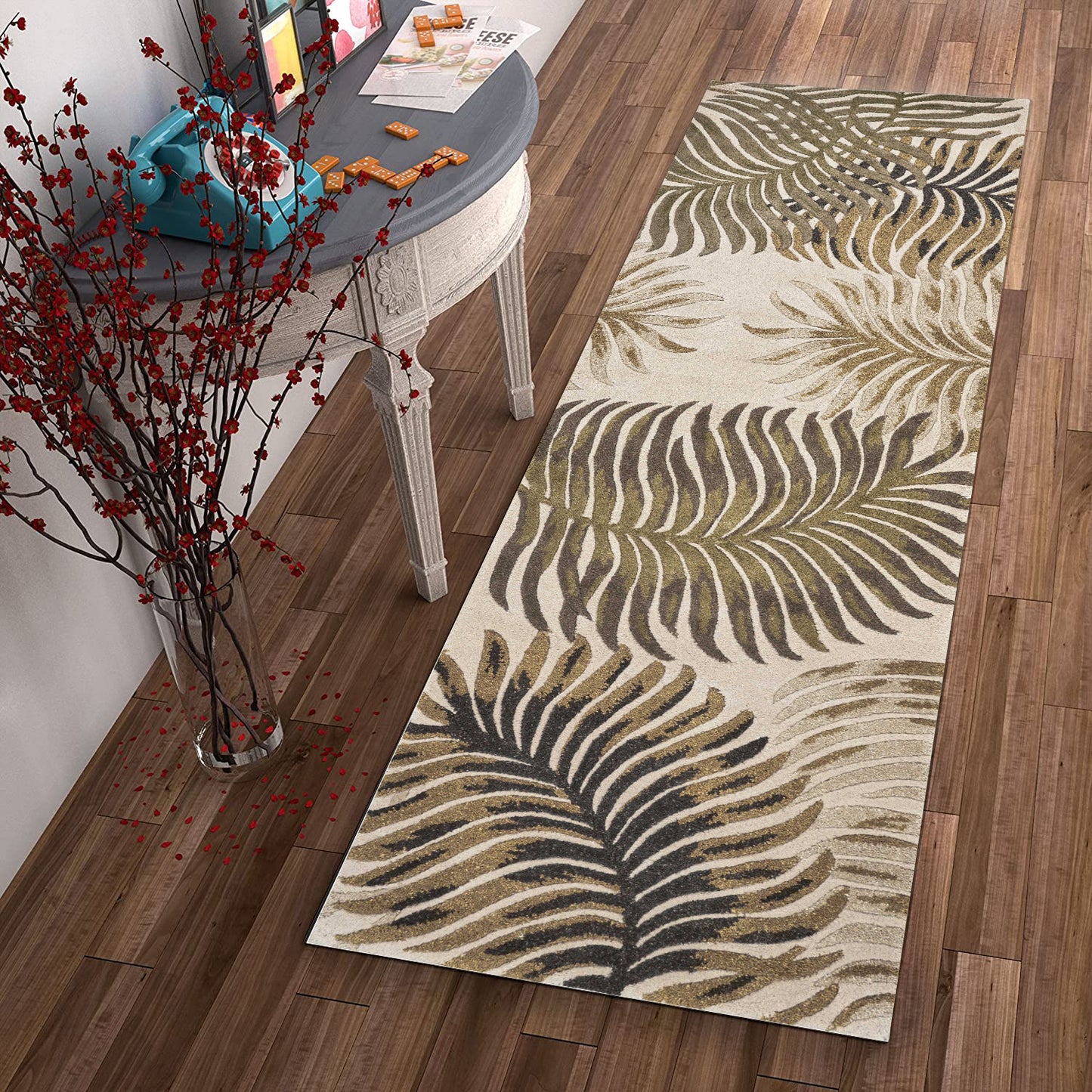 Natural fern leaves wool runner rug, 2' x 8', American Smart WB, soft textured area rug with botanical design.