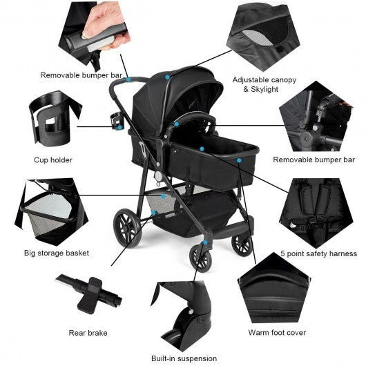 Black 2-in-1 foldable baby stroller by American Smart WB, suitable for newborns and infants, featuring a compact design.