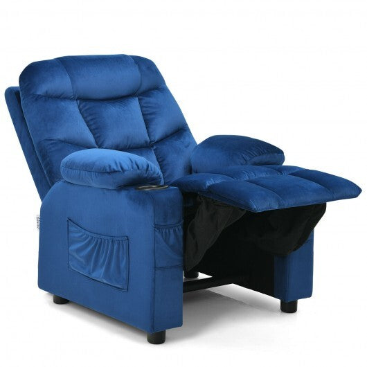 Light blue kids recliner chair with cup holder and footrest, designed for children, by American Smart.