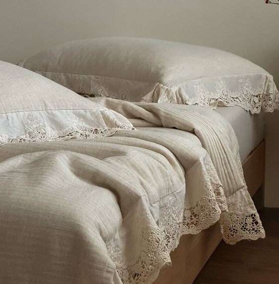 Large lace bed sheet set featuring French Herringbone Jacquard cotton-linen fabric, with lace trim for double beds, American Smart bedding.